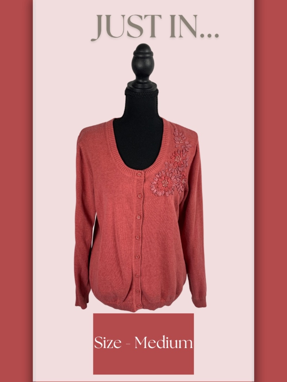 Sonoma Floral Embroidered Cardigan Dark Coral Pink M Cottagecore Boho Chic